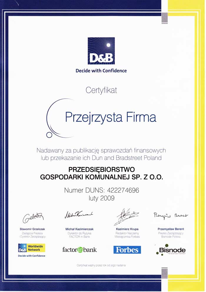 Certyfikat Przejrzysta Firma - PGK Zamość