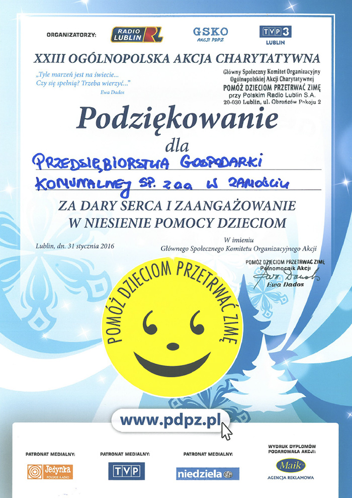 Pomóż Dzieciom Przetrwać Zimę - PGK Zamość